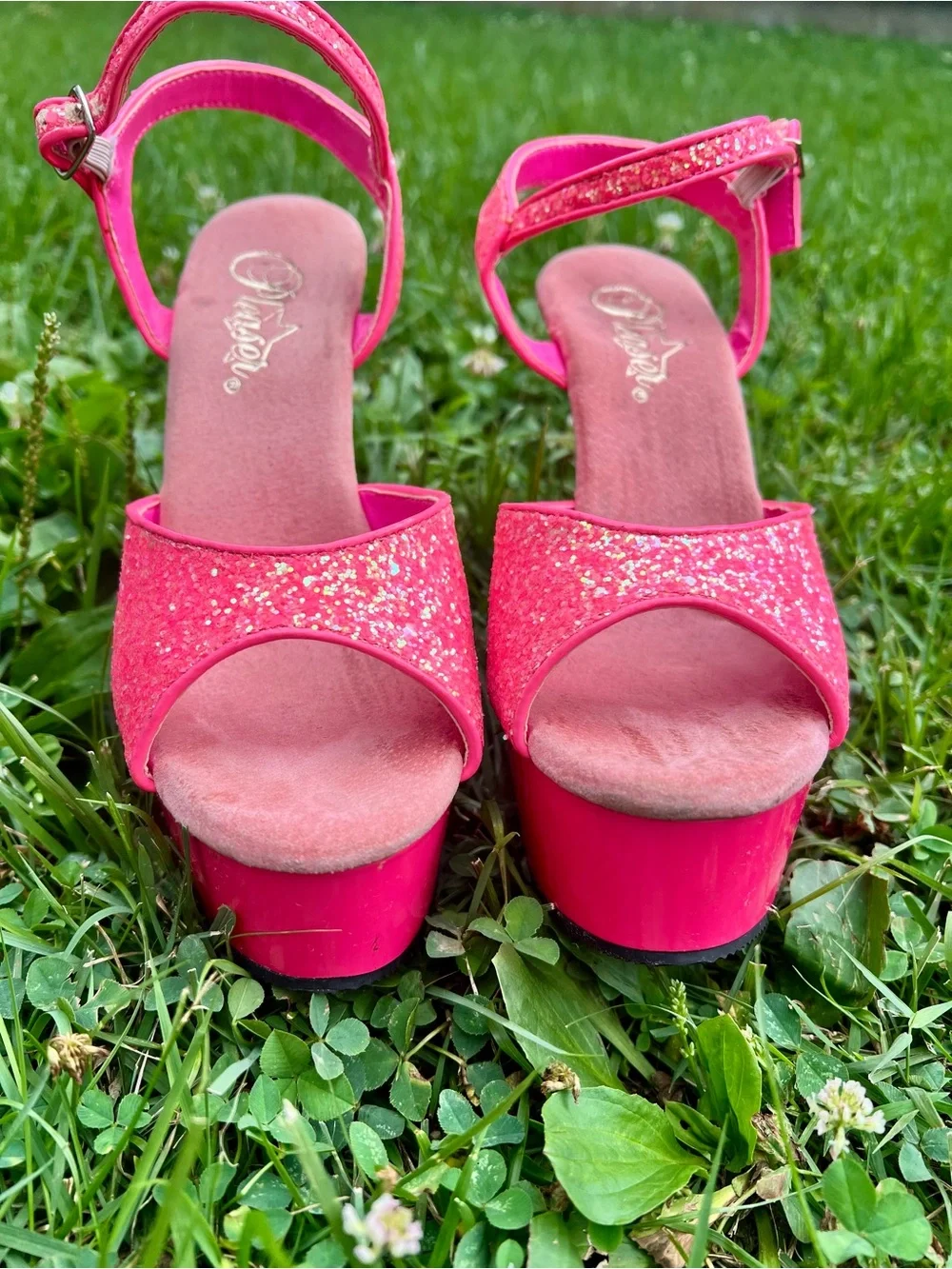 Pleaser Delight Dancer Stage Stripper Heels neon pink gold glitter 6” spike 7